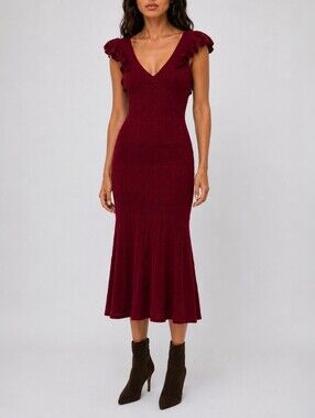 Sézane La Maille Burgundy Knit Midi Dress Open Back Ruffle Sleeve S